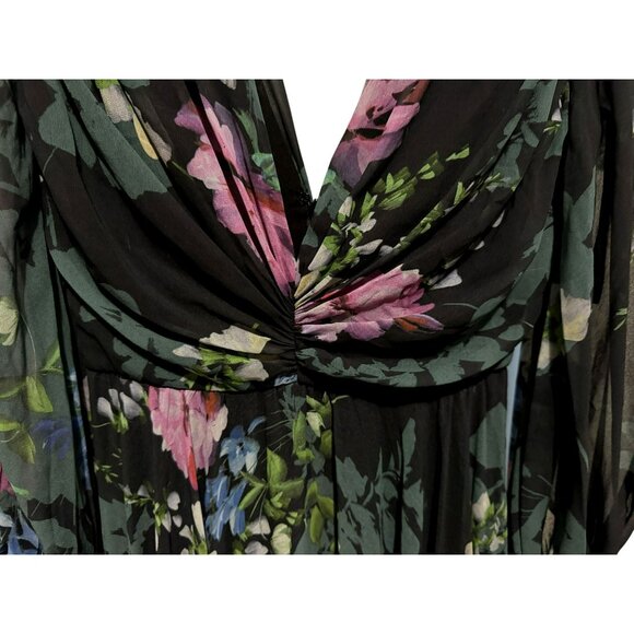 Badgley Mischka Black Floral Print Pleated Maxi Dress Sz 0 Deep-V Chiffon Formal - Picture 5 of 9